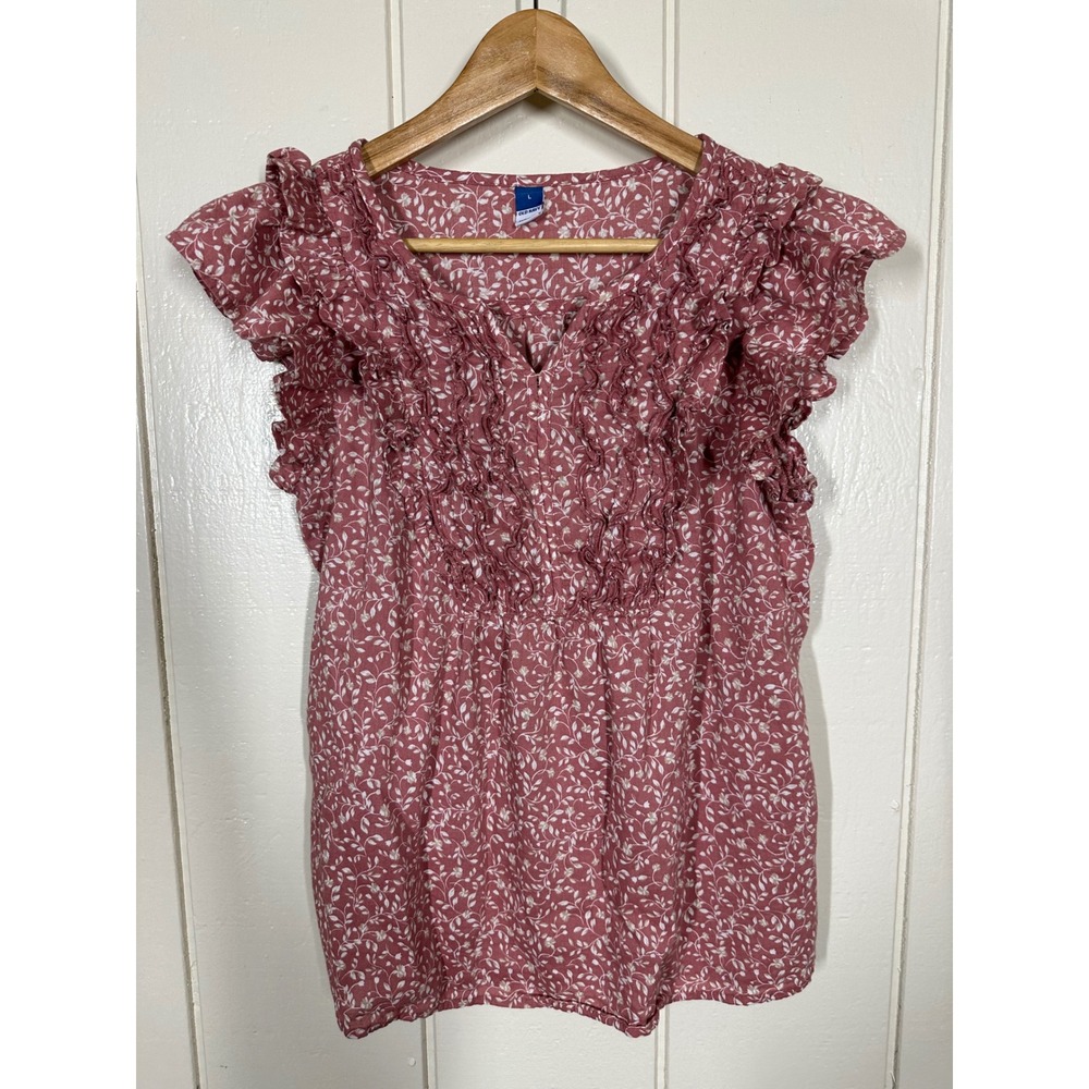 Old Navy Blouse Womens L Pink Floral Ruffle V-Neck Flutter Sleeve Top